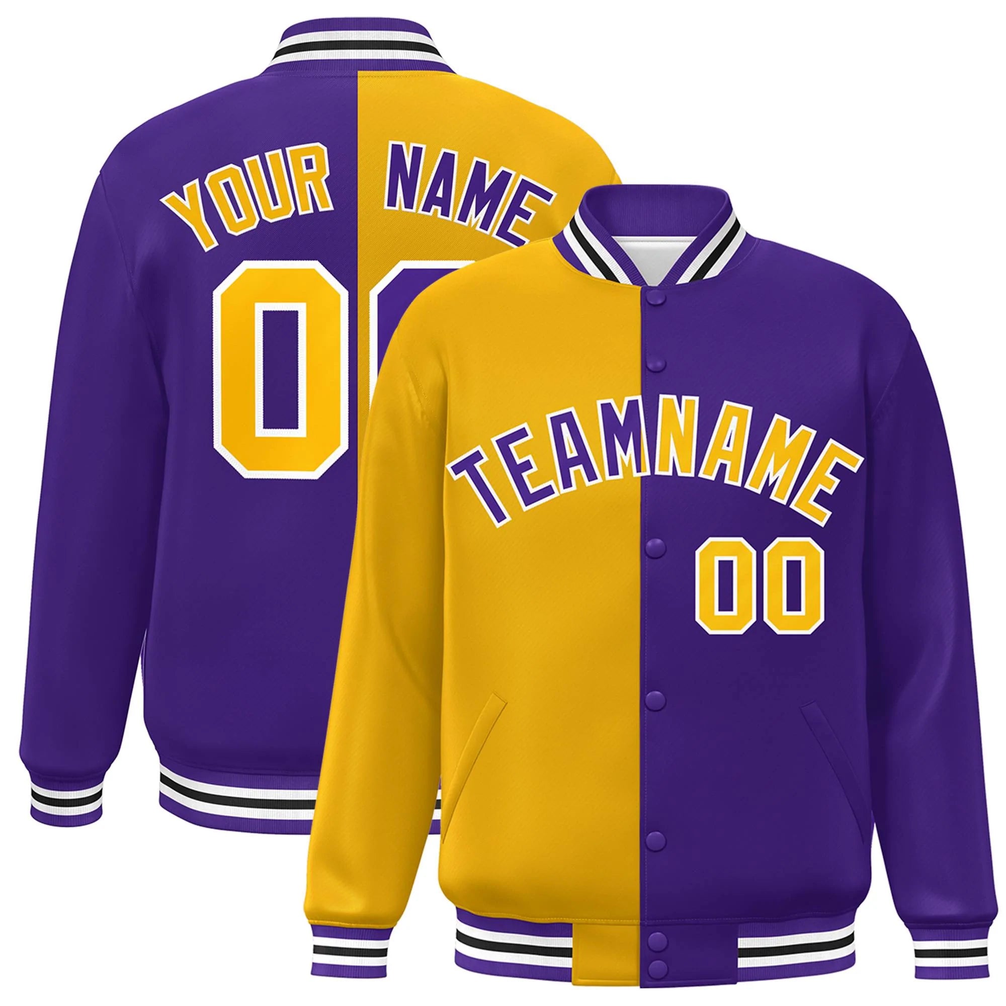Custom Black Gold-White Letterman Two Tone Split Fashion Varsity Full-Snap Jacket