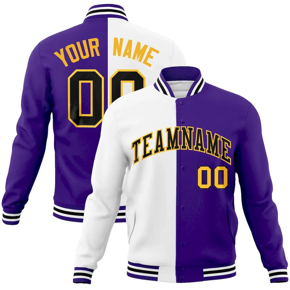 Custom White Purple-Black Varsity Full-Snap Letterman Two Tone Split Fashion Jacket