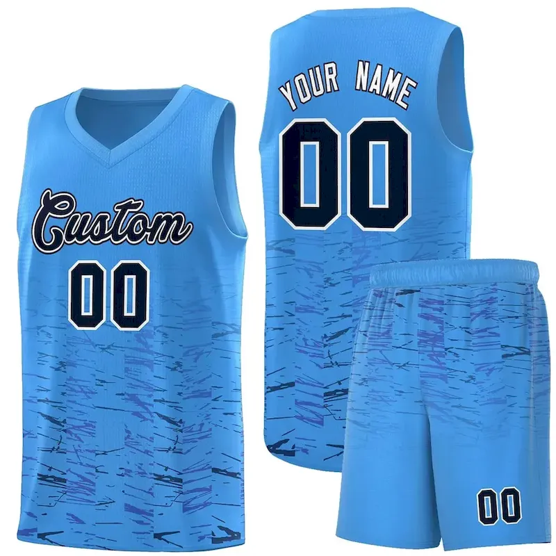 Custom Powder Blue Navy Personalized Scratches Pattern Sports Uniform Basketball Jersey