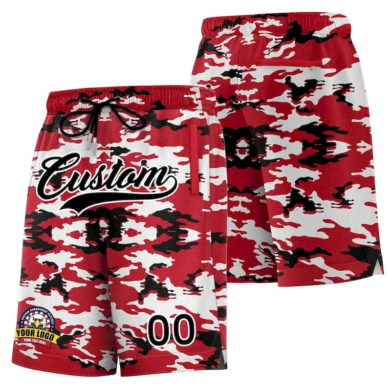 Custom Red Black White Camo Basketball Shorts
