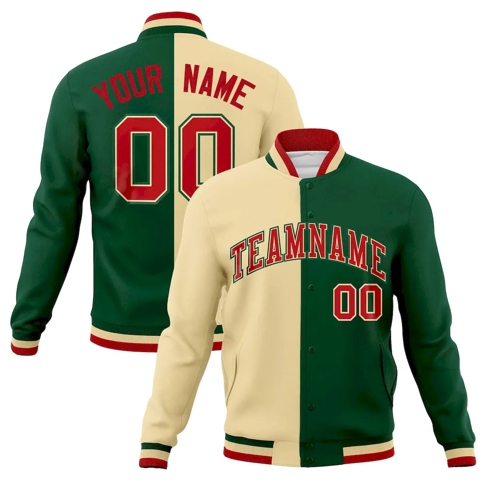 Custom Khaki Green-Green Varsity Full-Snap Letterman Two Tone Split Fashion Jacket