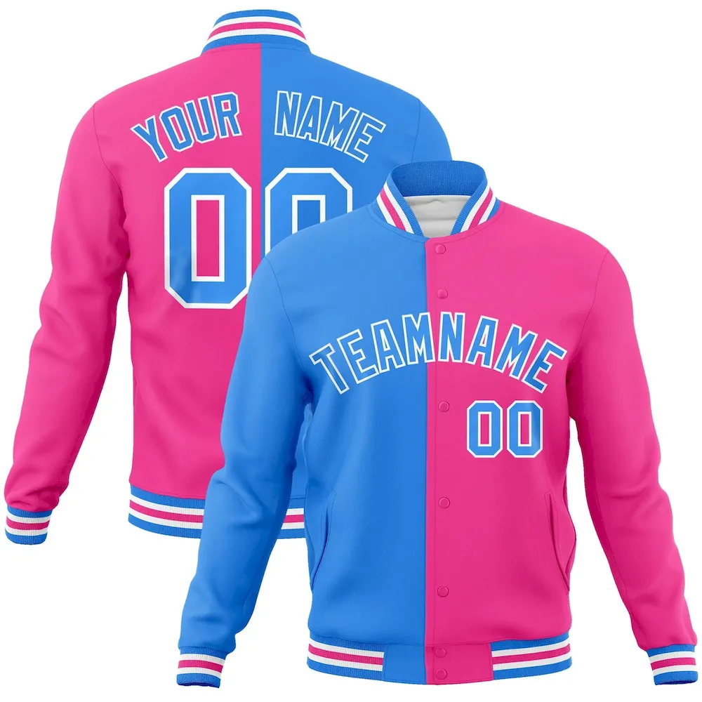 Custom Black Pink-Powder Blue Varsity Full-Snap Letterman Two Tone Split Fashion Jacket