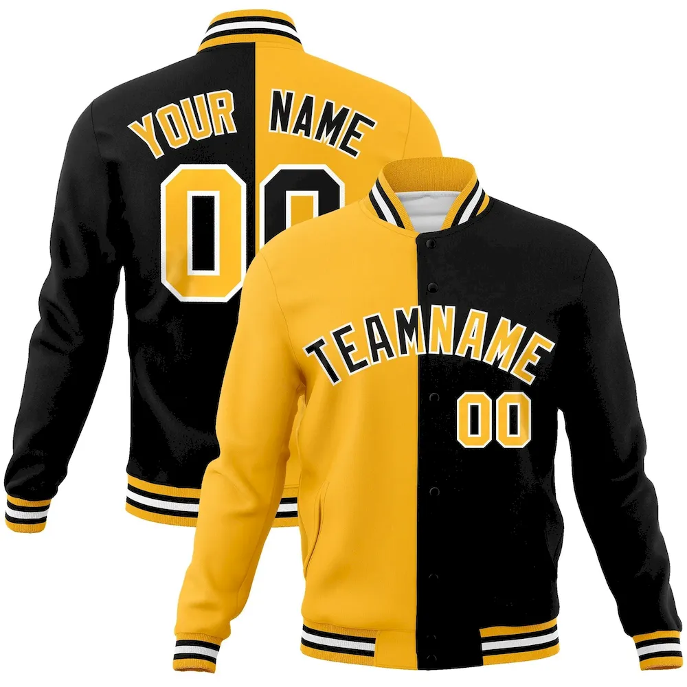 Custom Yellow Black-Black Varsity Full-Snap Letterman Two Tone Split Fashion Jacket