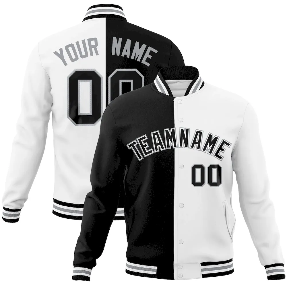 Custom Black White-Black Varsity Full-Snap Letterman Two Tone Split Fashion Jacket