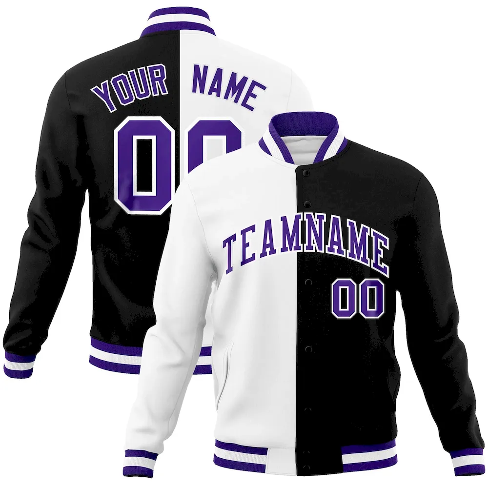 Custom White Black-Purple Varsity Full-Snap Letterman Two Tone Split Fashion Jacket