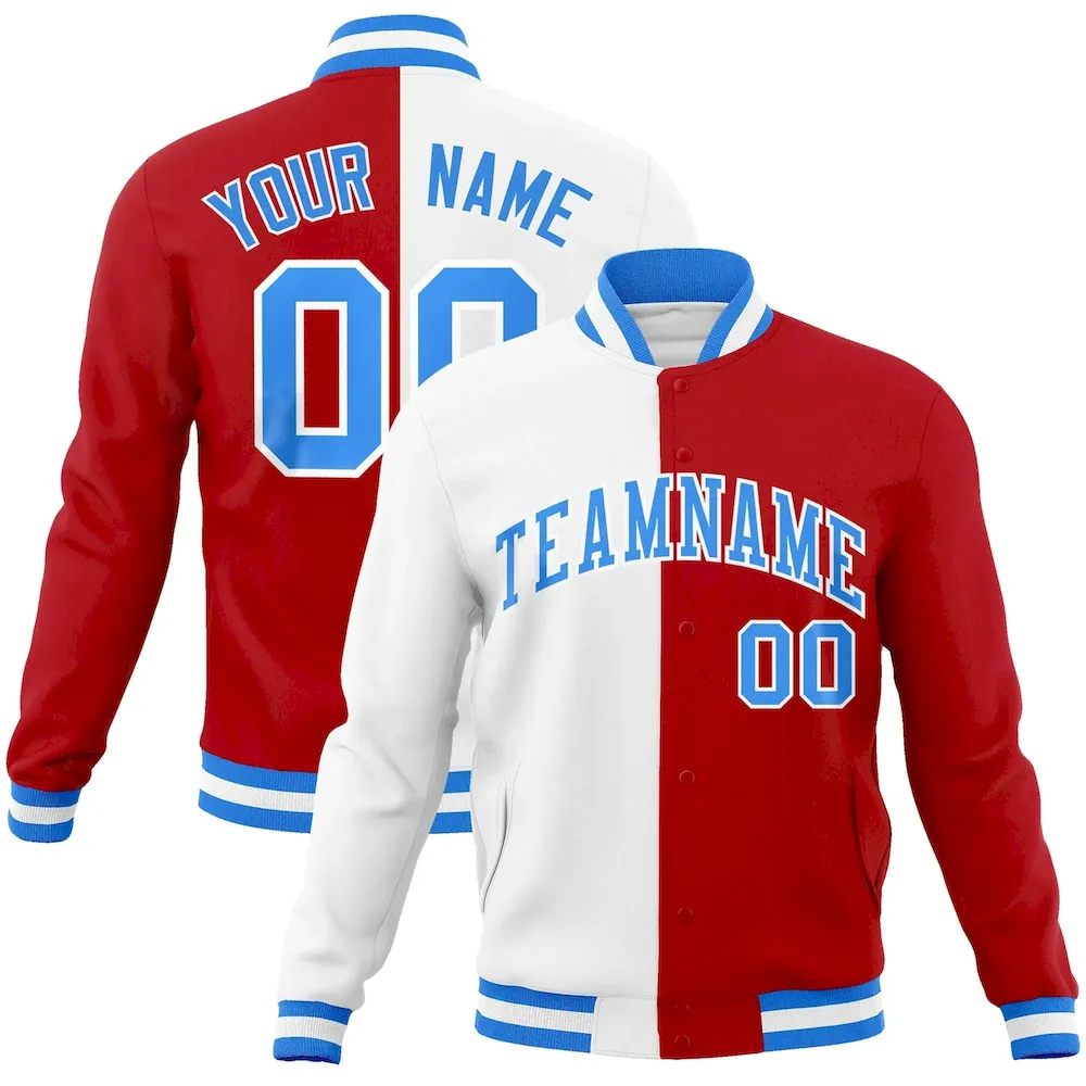 Custom White Red-Powder Blue Varsity Full-Snap Letterman Two Tone Split Fashion Jacket