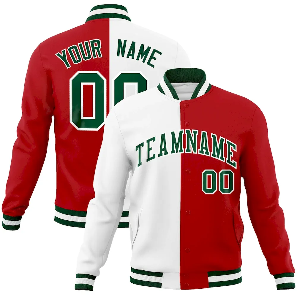 Custom White Red-Green Varsity Full-Snap Letterman Two Tone Split Fashion Jacket