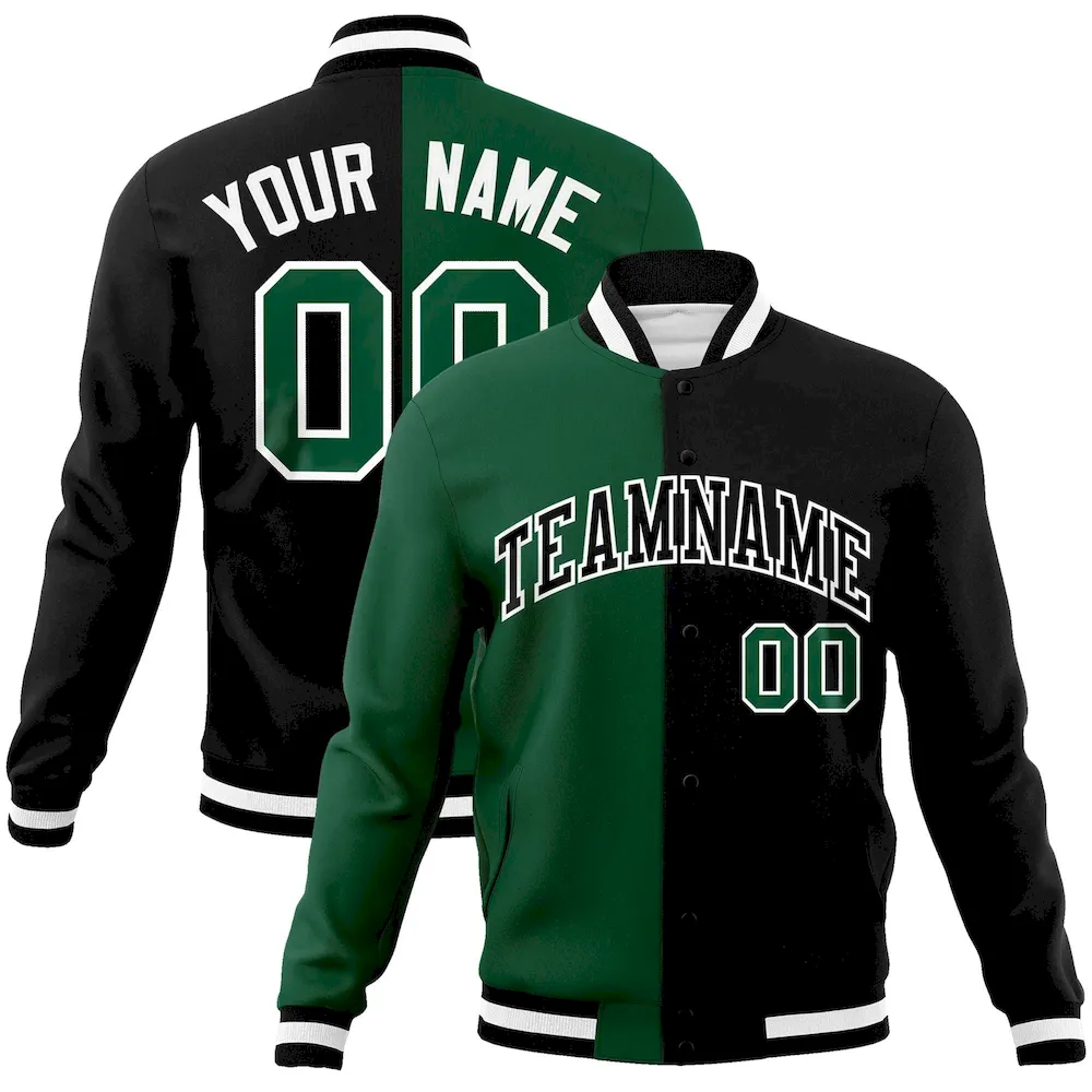 Custom Green Black-Black Varsity Full-Snap Letterman Two Tone Split Fashion Jacket