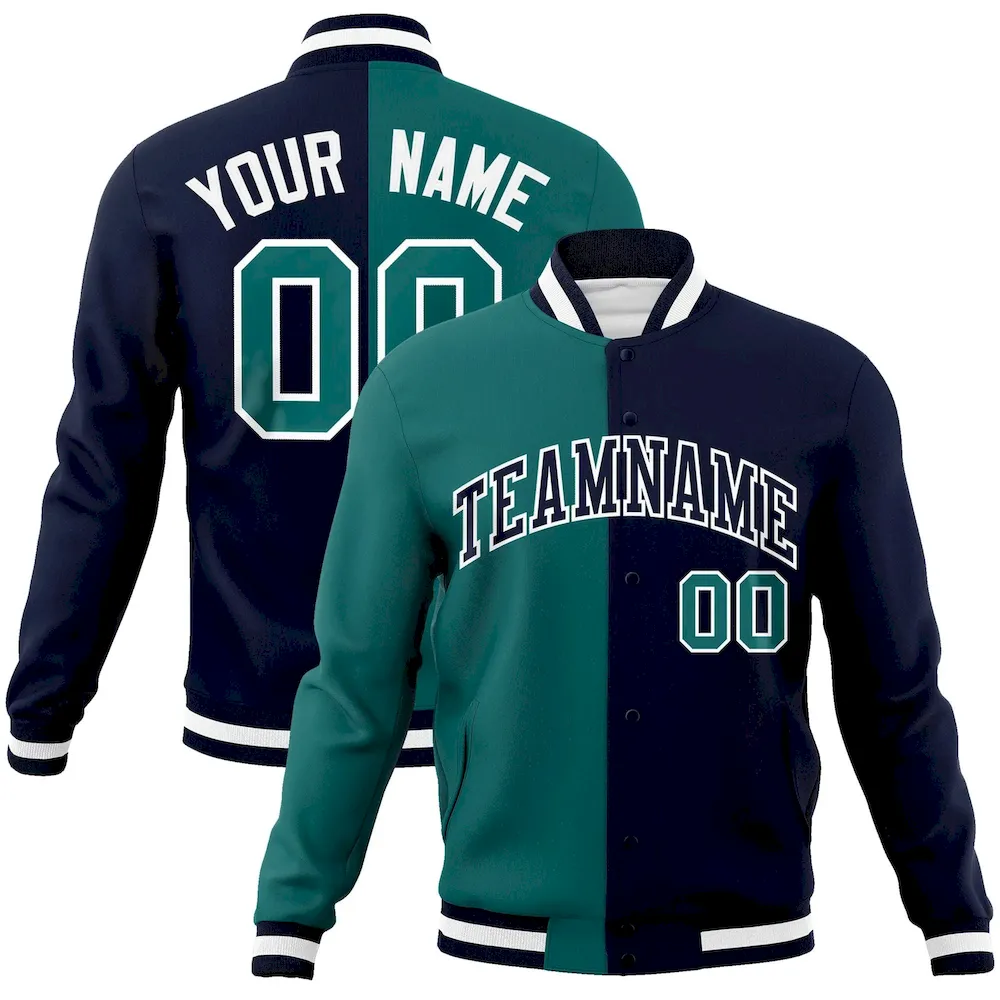 Custom Aqua Navy-Black Varsity Full-Snap Letterman Two Tone Split Fashion Jacket