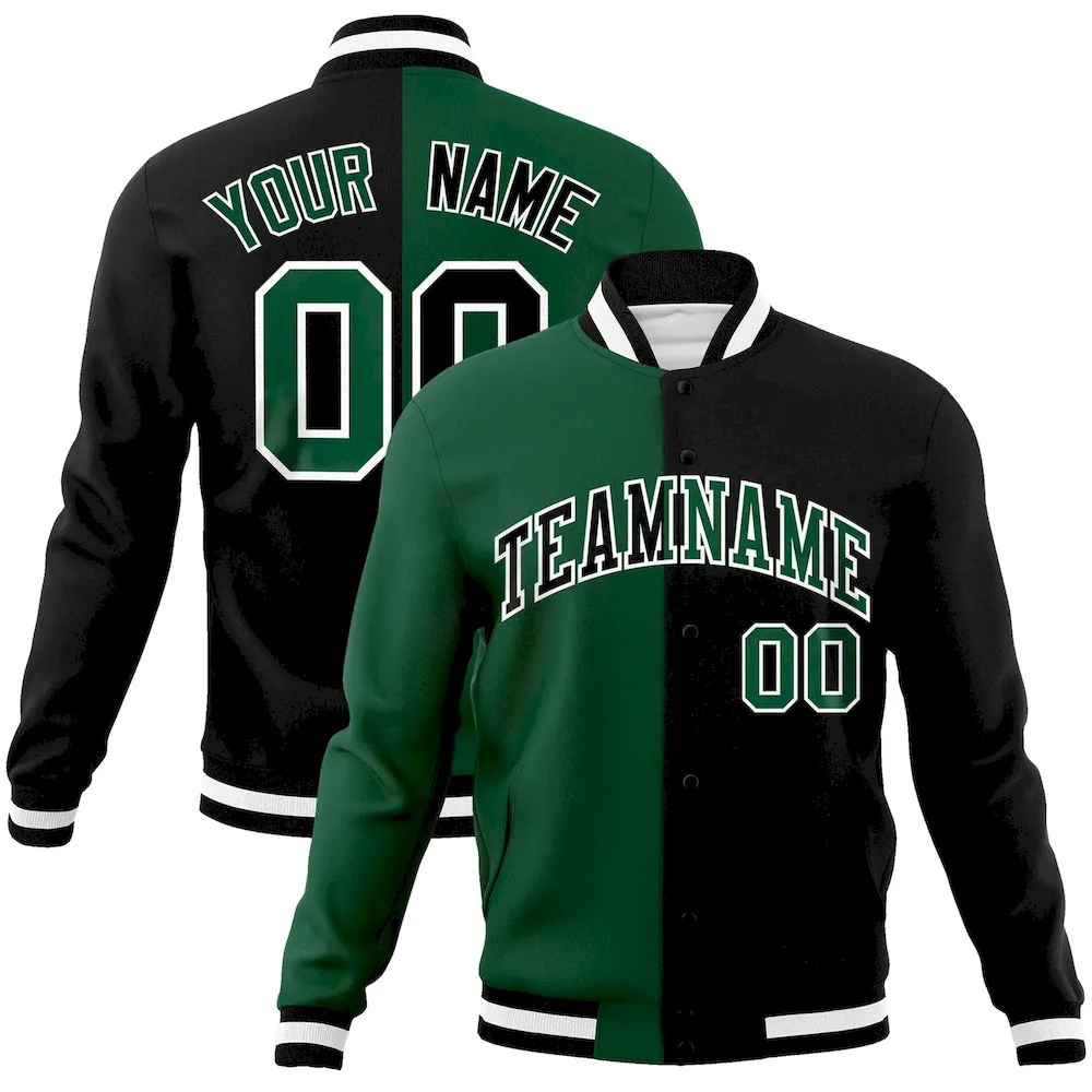 Custom Green Black-Black Varsity Full-Snap Letterman Two Tone Split Fashion Jacket