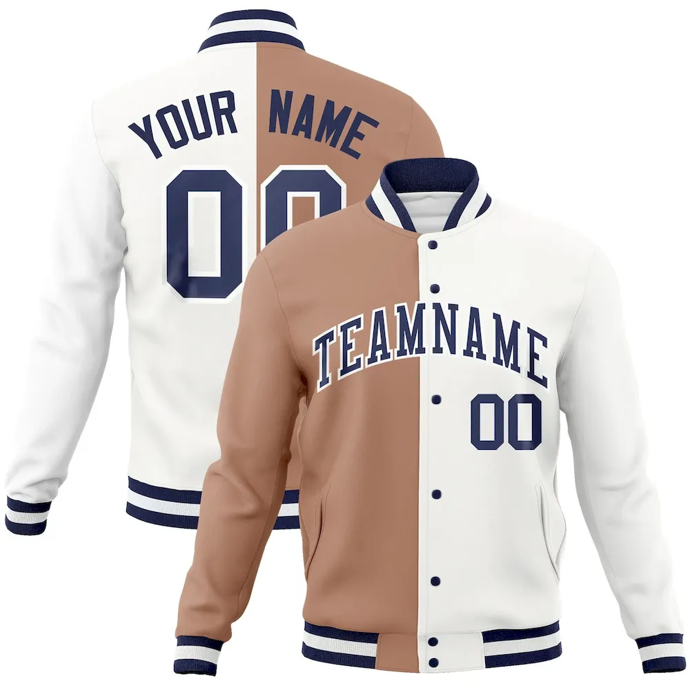 Custom Brown Navy-Navy Varsity Full-Snap Letterman Two Tone Split Fashion Jacket