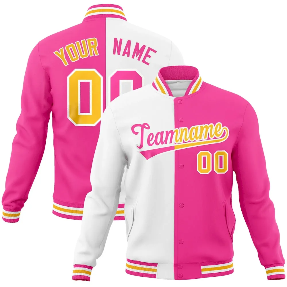 Custom White Pink-Pink Varsity Full-Snap Letterman Two Tone Split Fashion Jacket