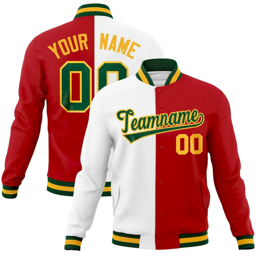 Custom White Red-Green Varsity Full-Snap Letterman Two Tone Split Fashion Jacket