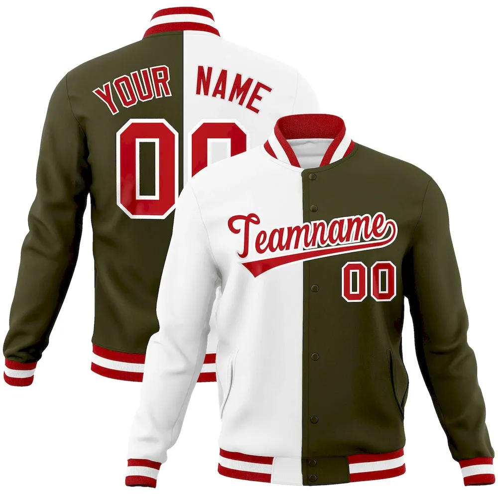 Custom White Olive-Red Varsity Full-Snap Letterman Two Tone Split Fashion Jacket