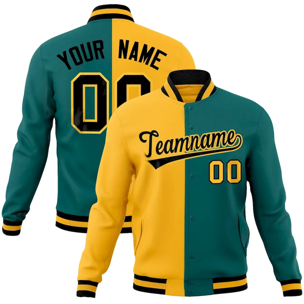 Custom Gold Aqua-Black Varsity Full-Snap Letterman Two Tone Split Fashion Jacket