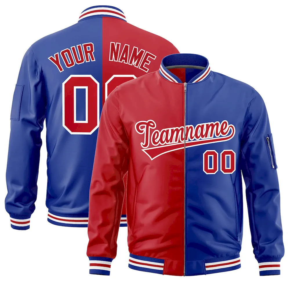 Custom Red Navy Split Varsity Full-Zip Two Tone Letterman Bomber Jacket