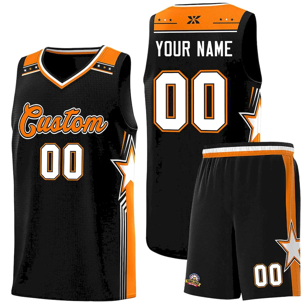 Custom Black Orange Star Graffiti Pattern Sports Uniform Basketball Jersey