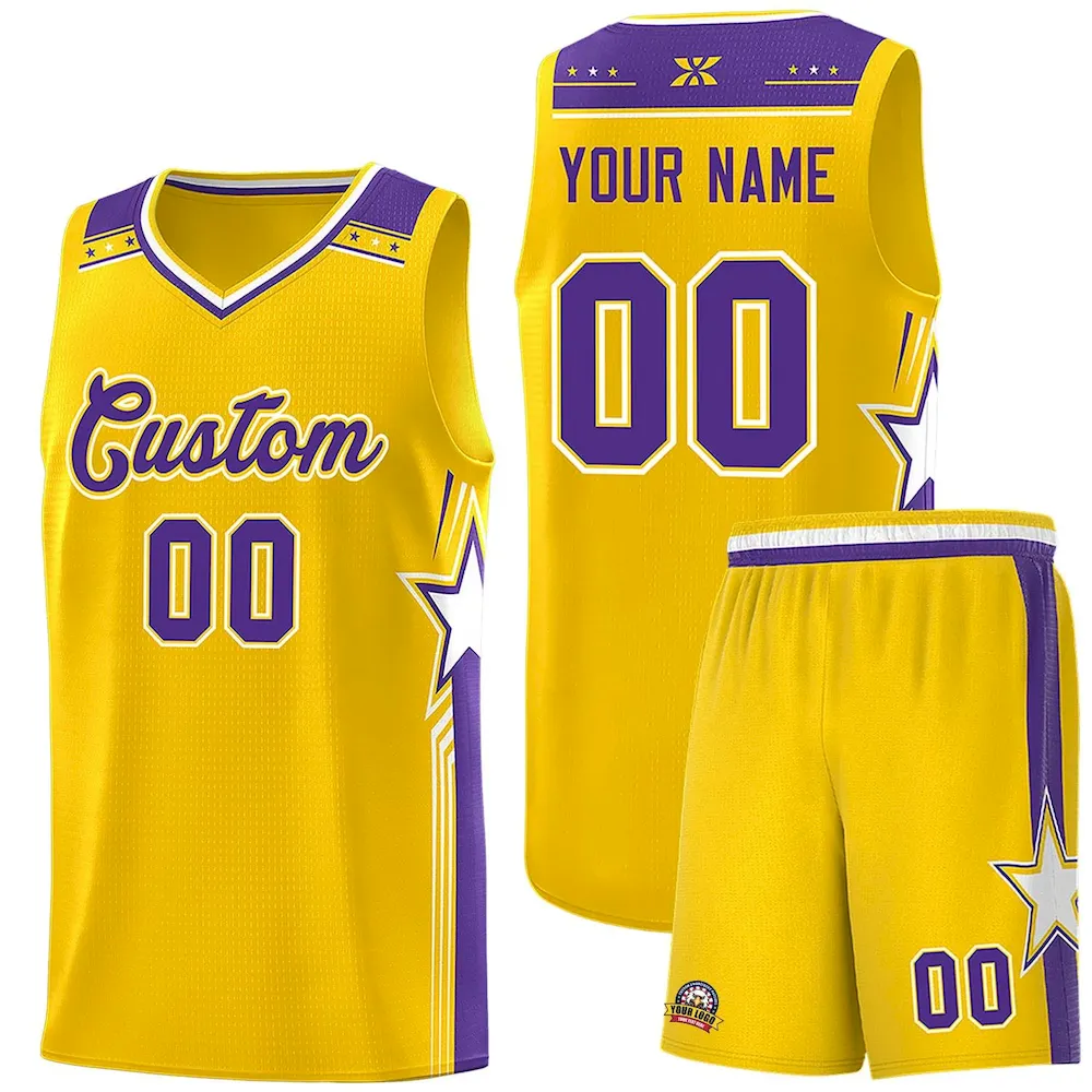 Custom Gold Purple Star Graffiti Pattern Sports Uniform Basketball Jersey