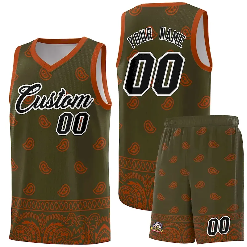 Custom Olive Texas Orange Personalized Cashew Pattern Sports Uniform Basketball Jersey