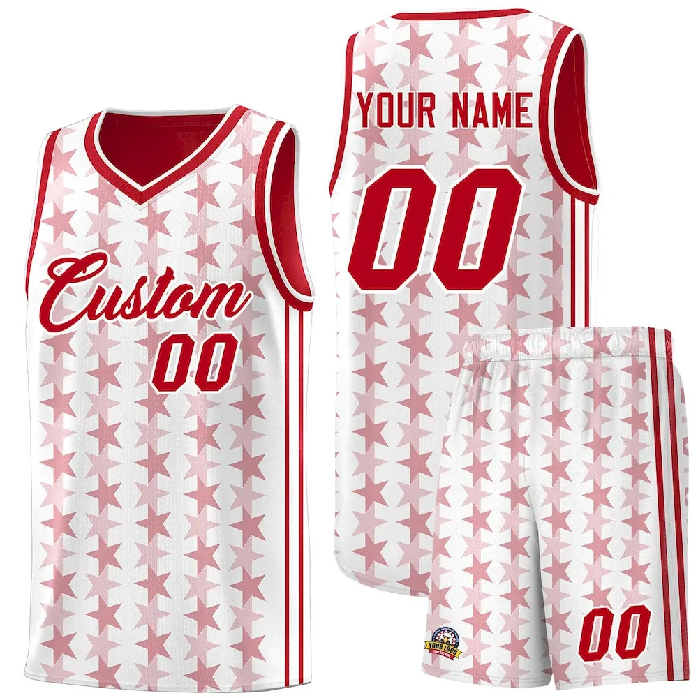 Custom White Red Star Graffiti Pattern Sets Sports Uniform Basketball Jersey