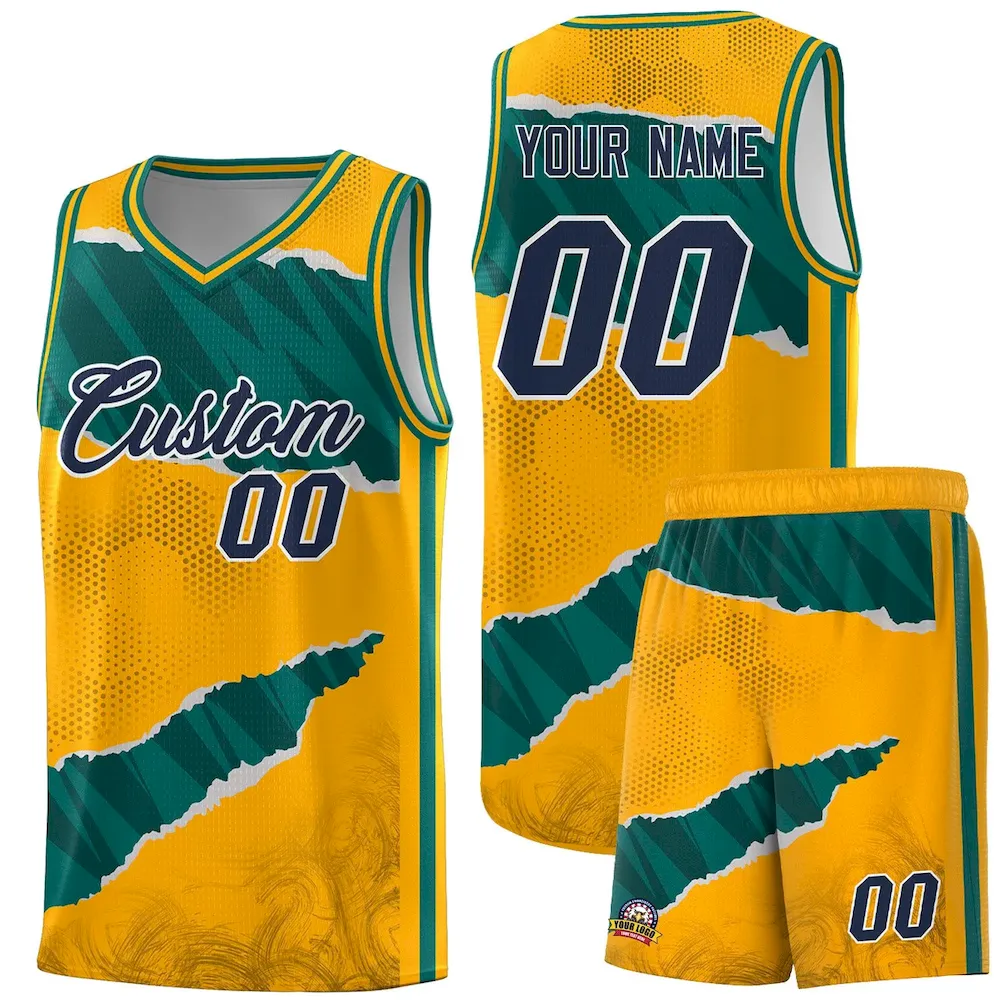 Custom Yellow Royal-Navy Tear Graffiti Pattern Sports Uniform Basketball Jersey