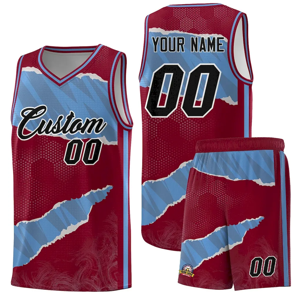 Custom Crimson Light Blue-Crimson Tear Graffiti Pattern Sports Uniform Basketball Jersey