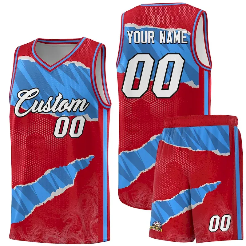 Custom Red Light Blue-Navy Tear Graffiti Pattern Sports Uniform Basketball Jersey