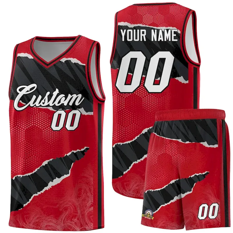 Custom Red Black-White Tear Graffiti Pattern Sports Uniform Basketball Jersey
