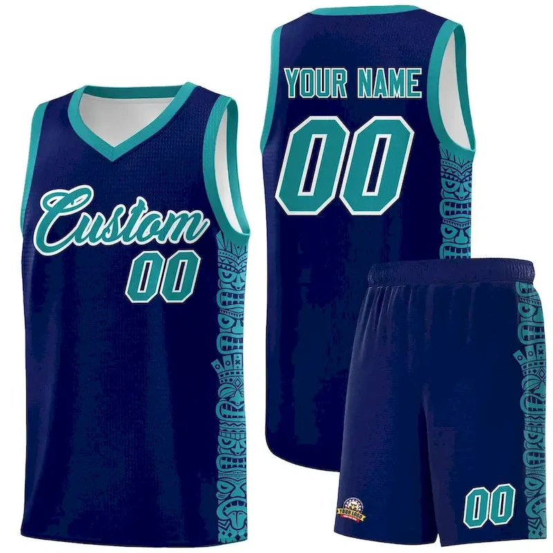Custom Navy Aqua Personalized Indians Pattern Sets Sports Uniform Basketball Jersey