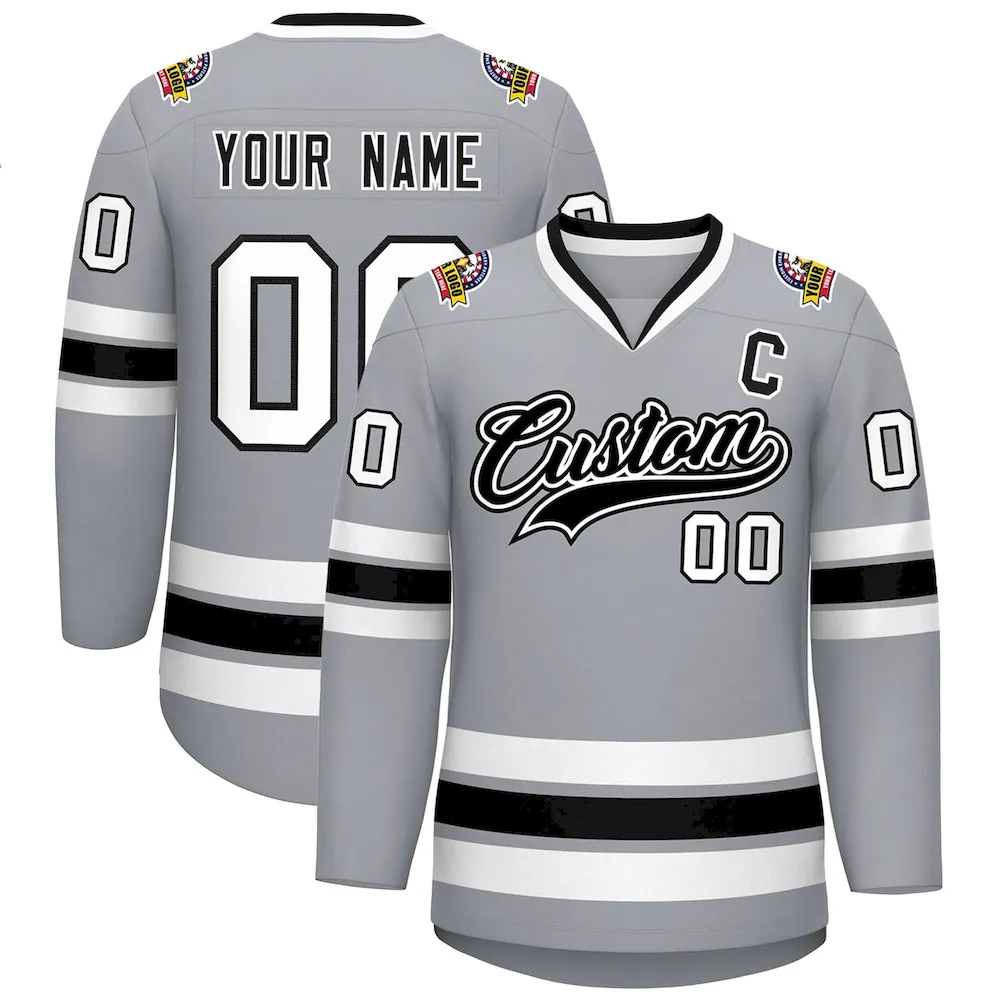Custom Gray Black White-Black Classic Style Hockey Jersey
