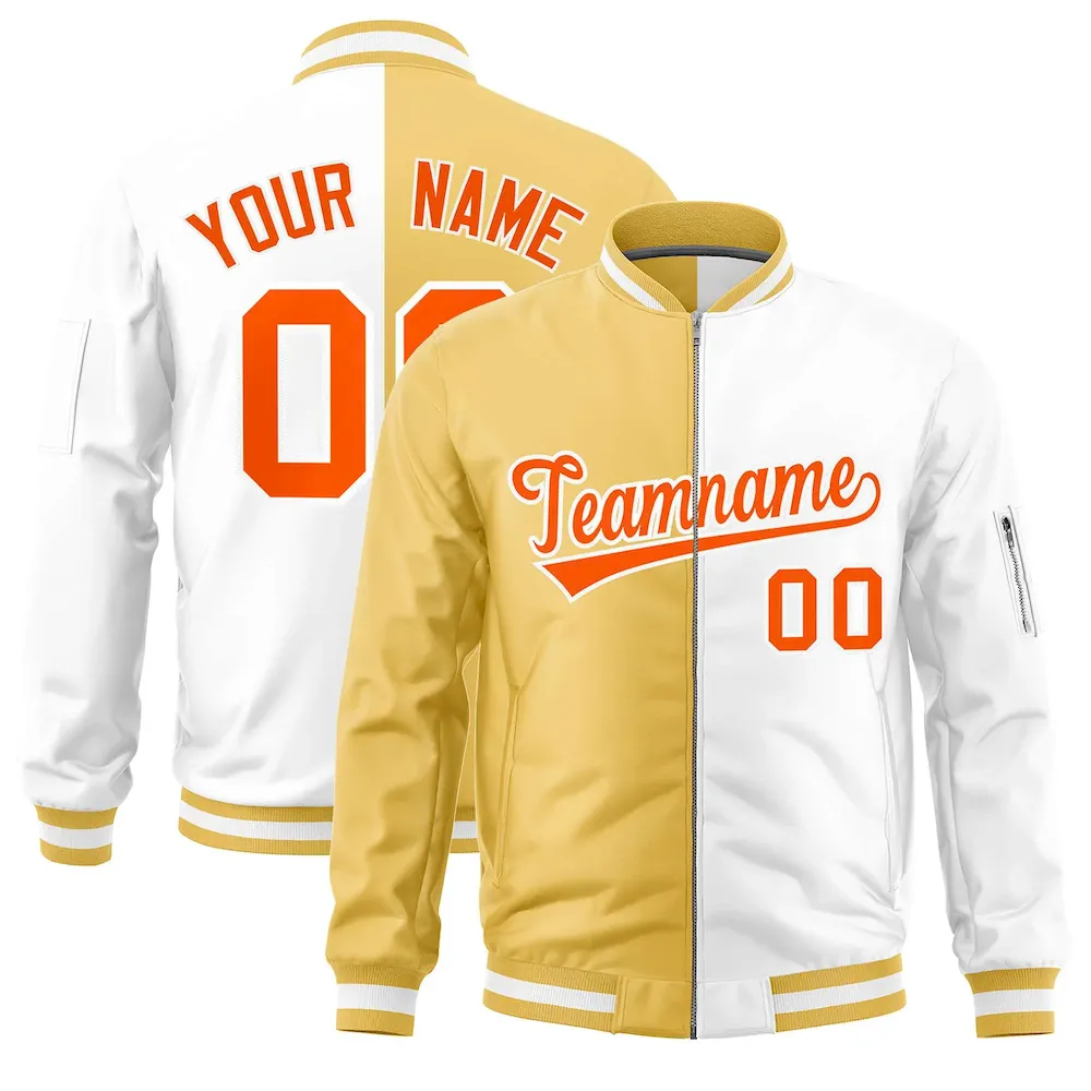Custom Khaki White Split Varsity Full-Zip Two Tone Letterman Bomber Jacket