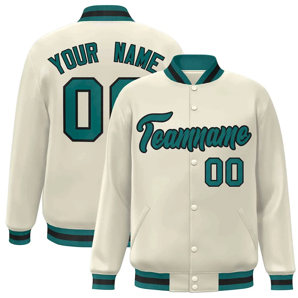 Custom Khaki Aqua-Black Classic Style Varsity Full-Snap Letterman Jacket
