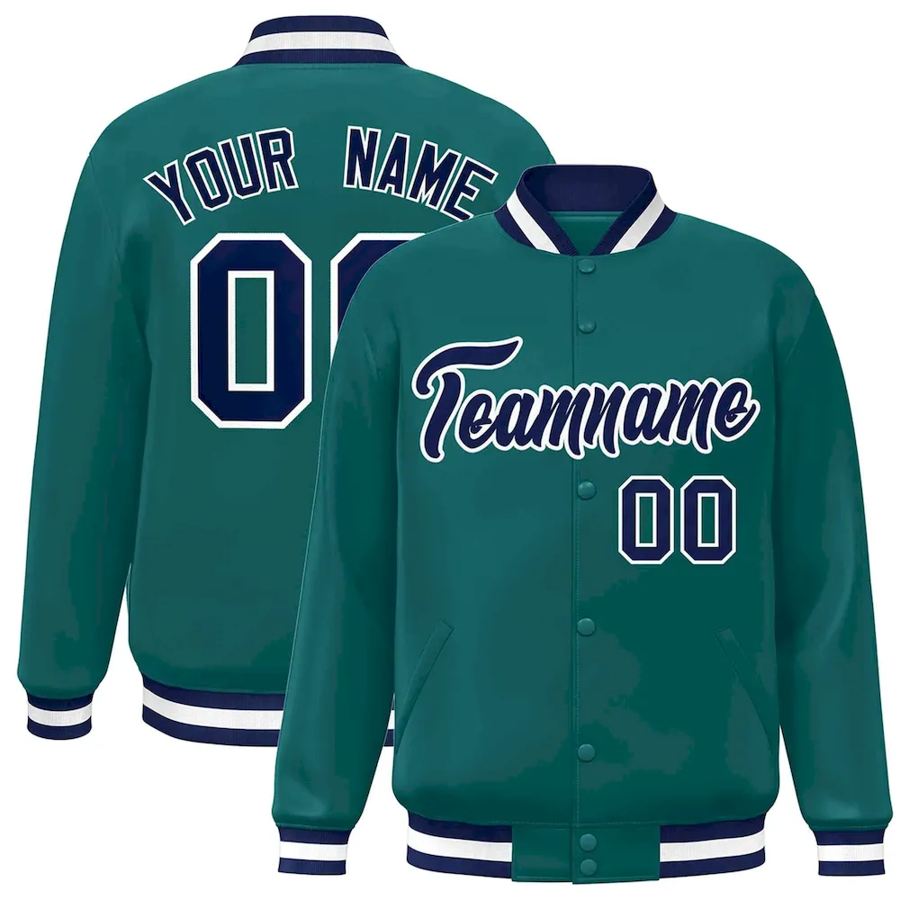 Custom Aqua Navy-White Classic Style Varsity Full-Snap Letterman Jacket