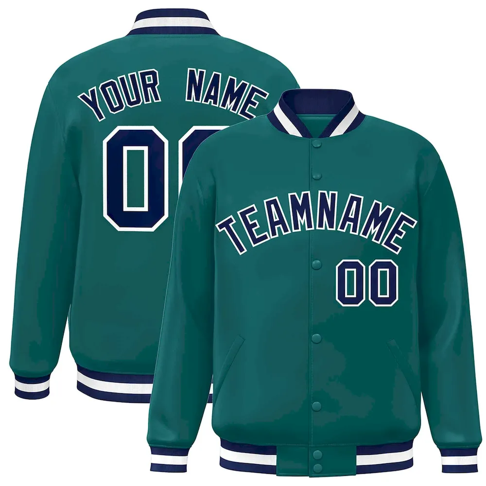 Custom Aqua Navy-White Classic Style Varsity Full-Snap Letterman Jacket