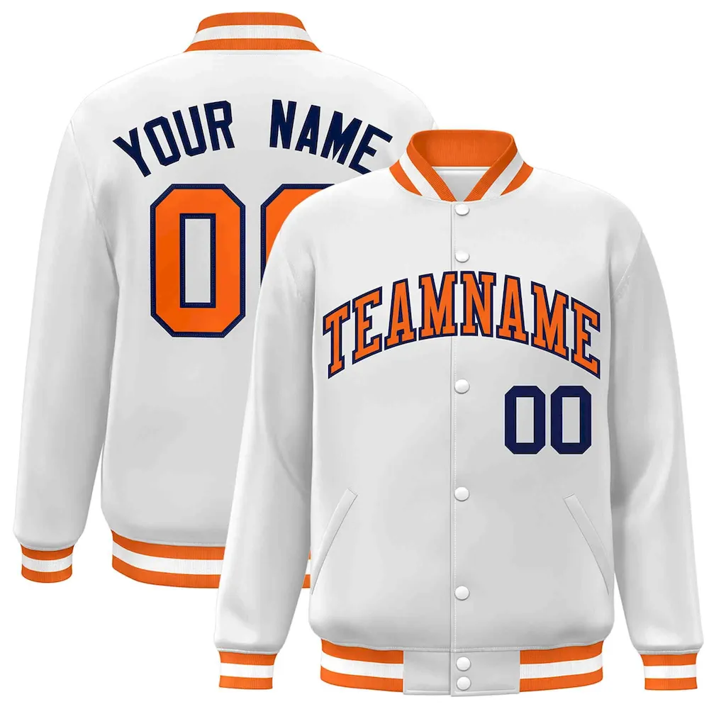 Custom White Orange-Navy Classic Style Varsity Full-Snap Letterman Jacket