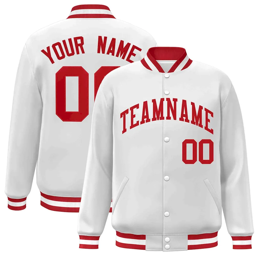 Custom White Red Classic Style Varsity Full-Snap Letterman Jacket