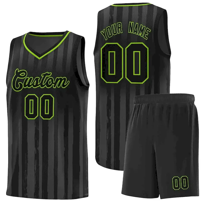 Custom Black Neon Green Vertical Striped Pattern Sports Uniform Basketball Jersey