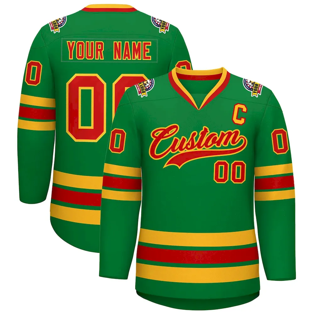 Custom Kelly Green Red-Gold Classic Style Hockey Jersey