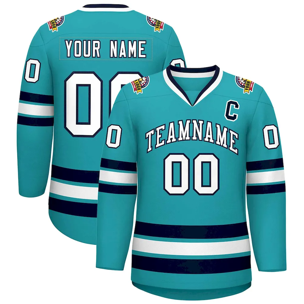 Custom Aqua White-Navy Classic Style Hockey Jersey