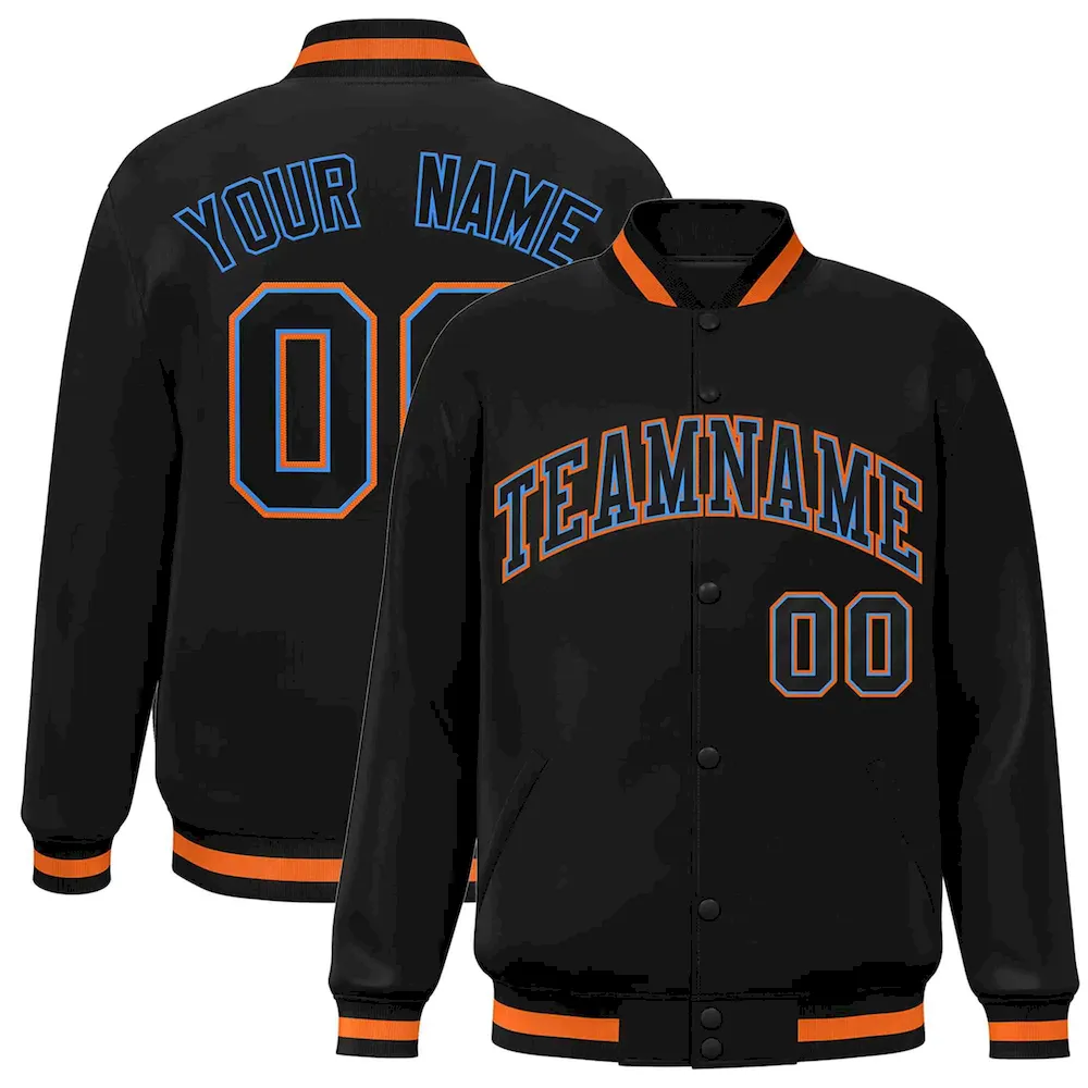 Custom Black Black-Powder Blue Classic Style Varsity Full-Snap Letterman Jacket
