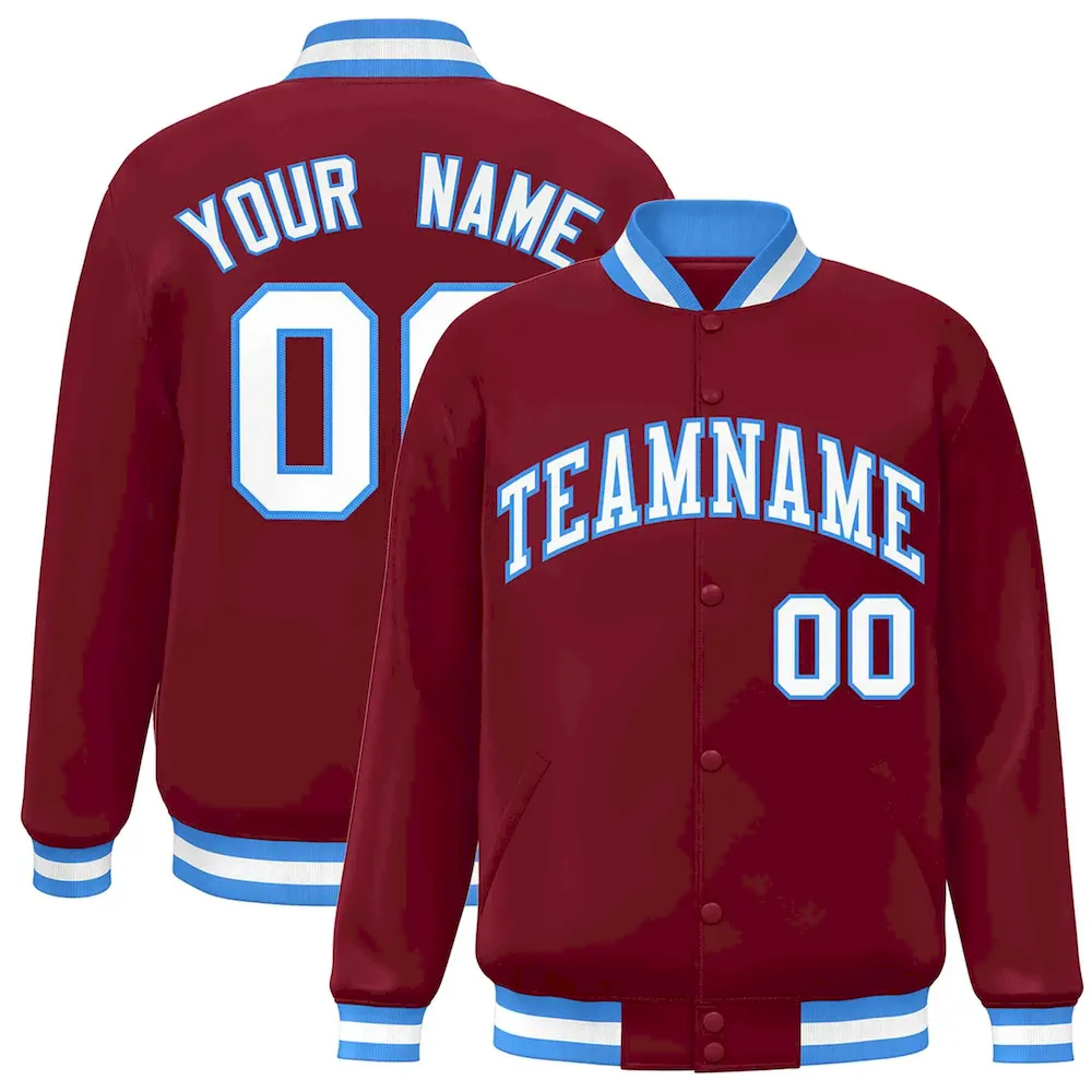Custom Crimson White-Powder Blue Classic Style Varsity Full-Snap Letterman Jacket