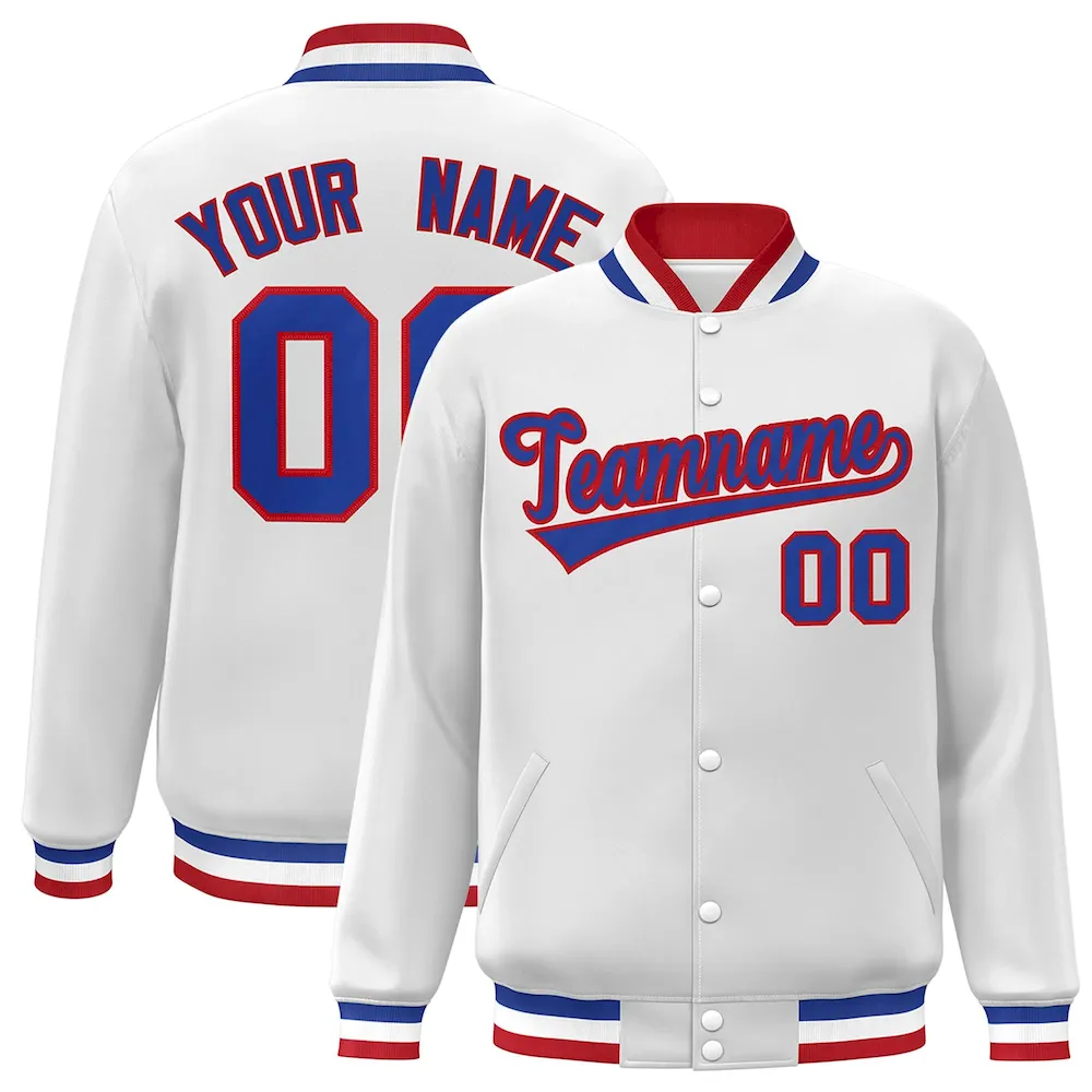 Custom White Royal-Red Classic Style Varsity Full-Snap Letterman Jacket