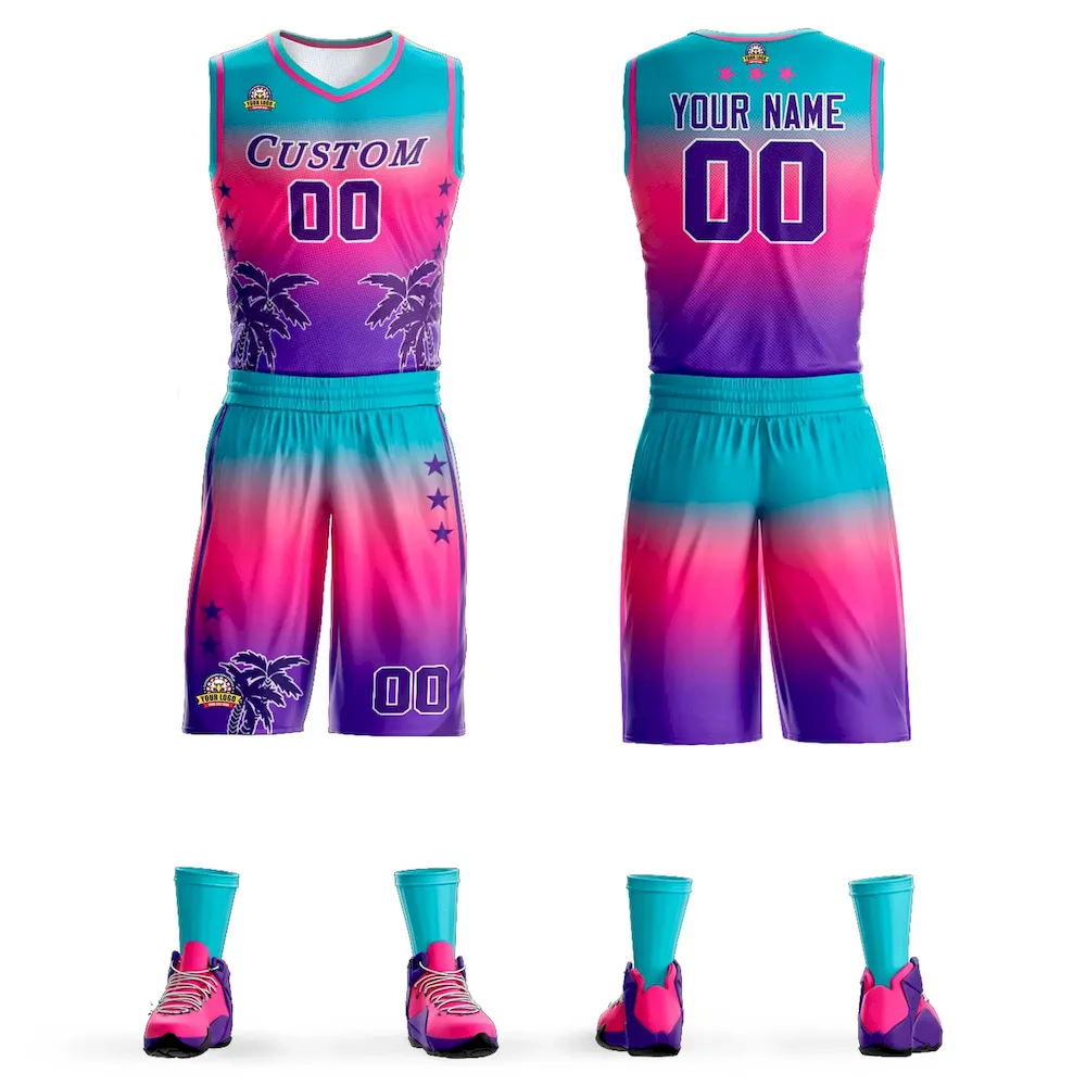 Custom Blue Pink-Purple Gradient Fashion Coconut Palm Pattern Sports Uniform Basketball Jersey