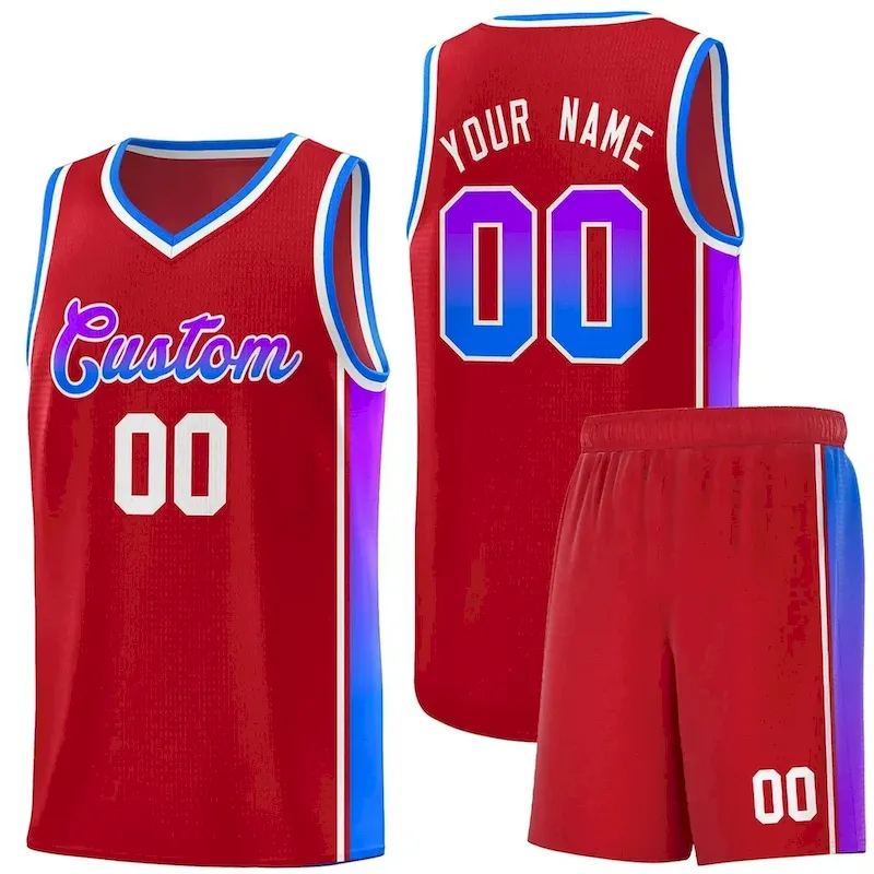 Custom Red Purple-Light Blue Gradient Fashion Sports Uniform Basketball Jersey