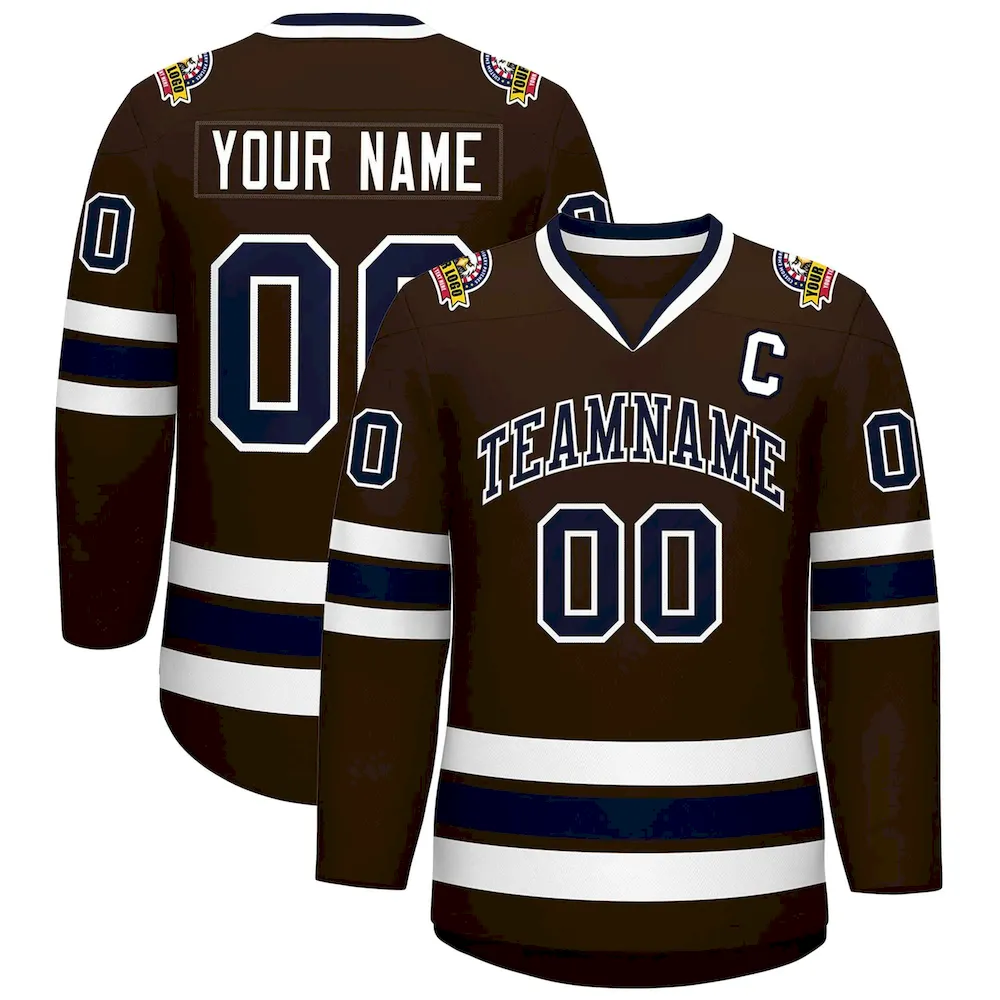 Custom Brown Navy-White Classic Style Hockey Jersey