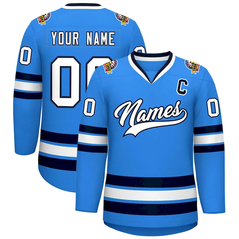 Custom Powder Blue White-Navy Classic Style Hockey Jersey