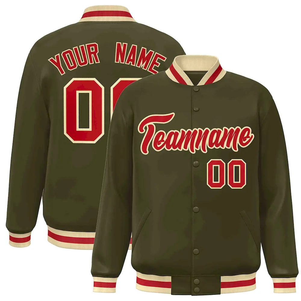 Custom Olive Red-Gold Classic Style Varsity Full-Snap Letterman Jacket