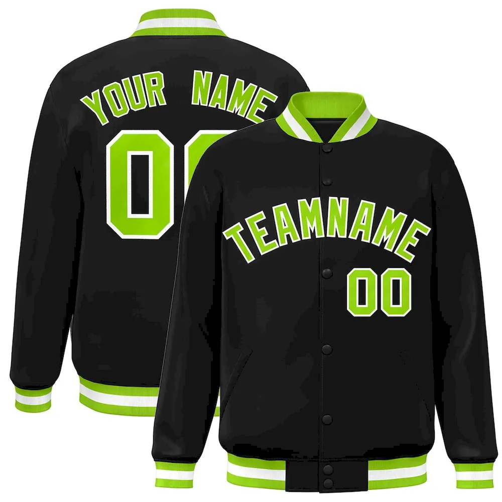 Custom Black Green-White Classic Style Varsity Full-Snap Letterman Jacket