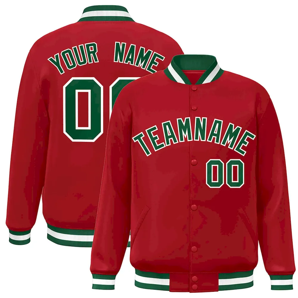 Custom Red Green-White Classic Style Varsity Full-Snap Letterman Jacket