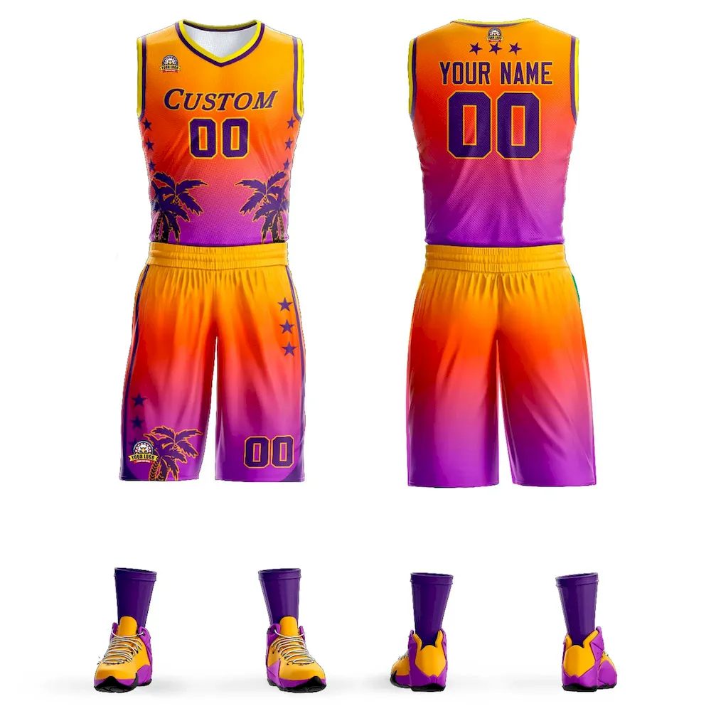Custom Yellow Orange-Purple Gradient Fashion Coconut Palm Pattern Sports Uniform Basketball Jersey